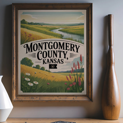 Montgomery County, Kansas vintage travel poster with scenic countryside and river.