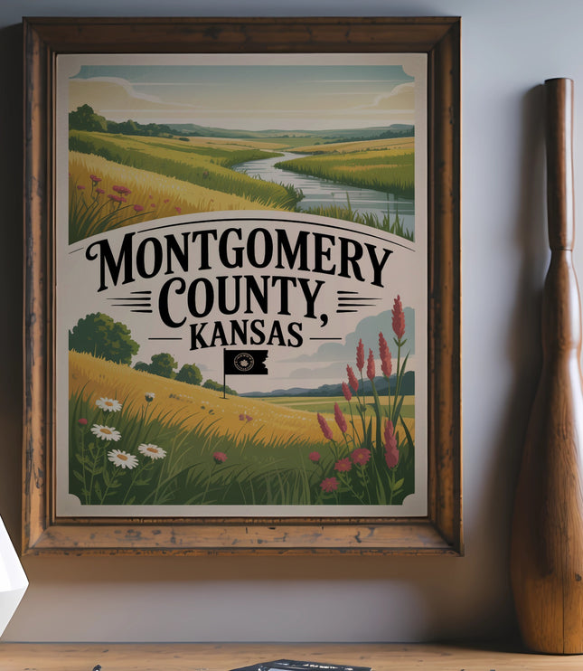 Montgomery County, Kansas vintage travel poster with scenic countryside and river.