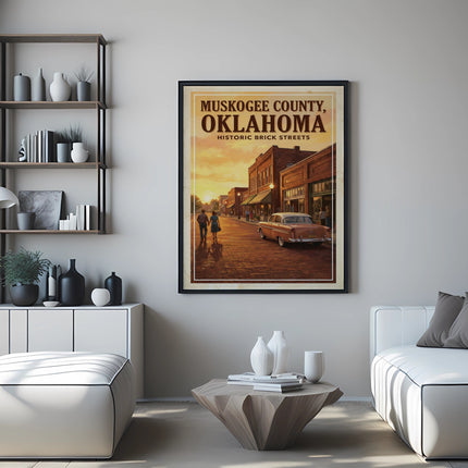 Framed poster of Muskogee County, Oklahoma historic brick streets with vintage car.
