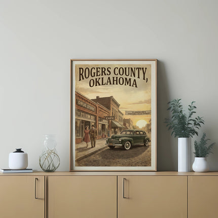 Poster of Rogers County, Oklahoma with historic main street scene and vintage car.