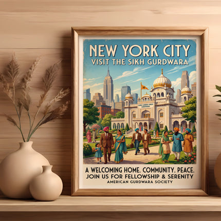 Poster for New York City Sikh Gurdwara, featuring building and people.