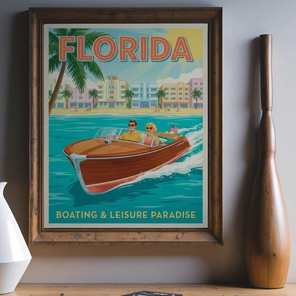 Retro Florida travel poster featuring a wooden boat on turquoise water.