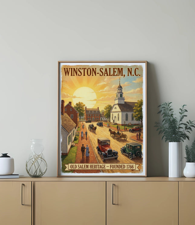 Winston-Salem, N.C. vintage poster with "Old Salem Heritage - Founded 1766" text.