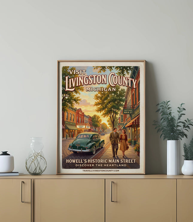 Vintage poster of Howell's Historic Main Street in Livingston County, Michigan.