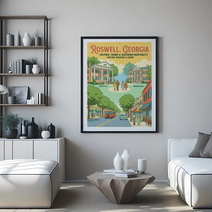 Poster for Roswell, Georgia, featuring historic buildings and people.