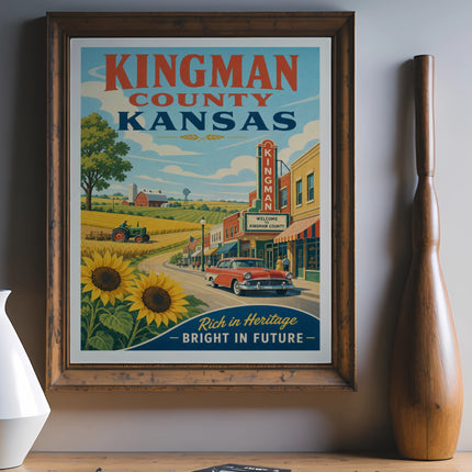 Kingman County Kansas vintage travel poster with sunflowers and car.