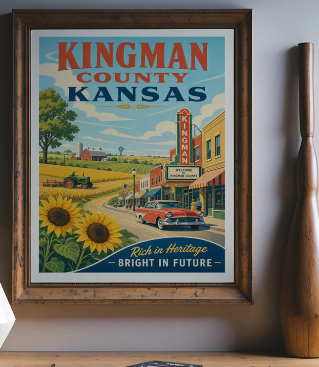 Kingman County Kansas vintage travel poster with sunflowers and car.