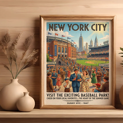 Vintage New York City baseball park poster featuring Yankees Stadium and text.