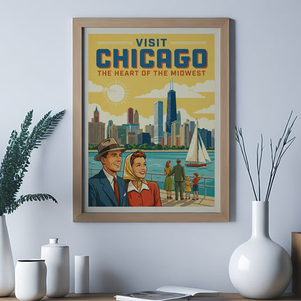 Vintage Chicago travel poster with skyline, sailboat, and couple.