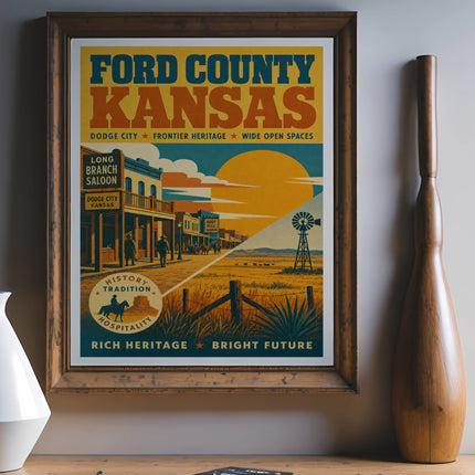 Ford County Kansas poster with Dodge City, saloon, and rural landscape.