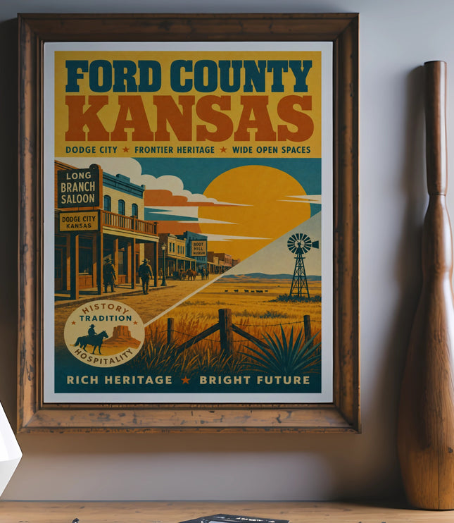 Ford County Kansas poster with Dodge City, saloon, and rural landscape.