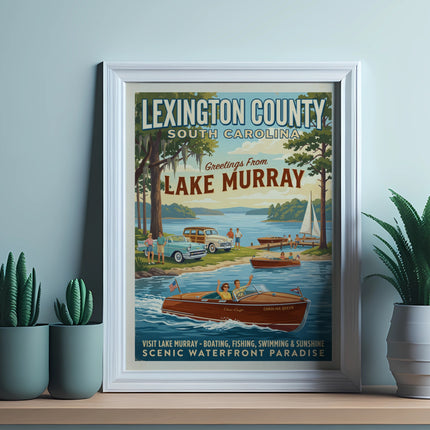 Lexington County, South Carolina vintage travel poster of Lake Murray scene.