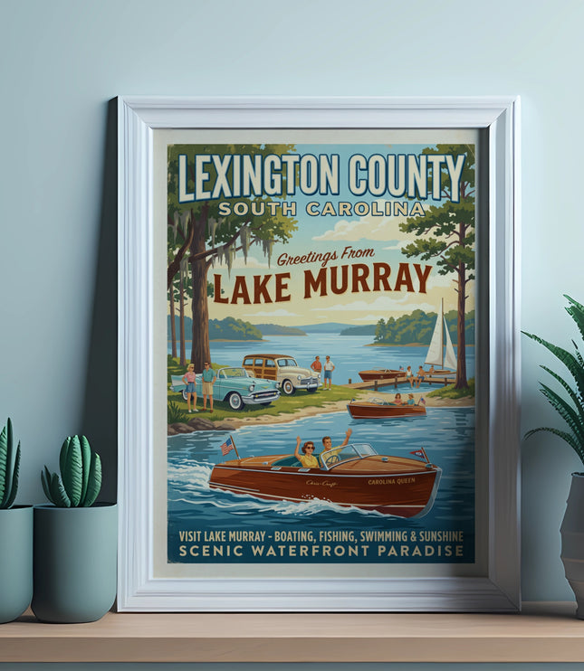 Lexington County, South Carolina vintage travel poster of Lake Murray scene.