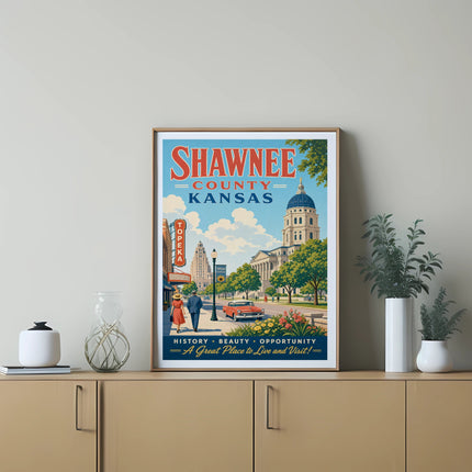 Shawnee County, Kansas vintage travel poster with Topeka landmarks, stating "A Great Place to Live and Visit!".