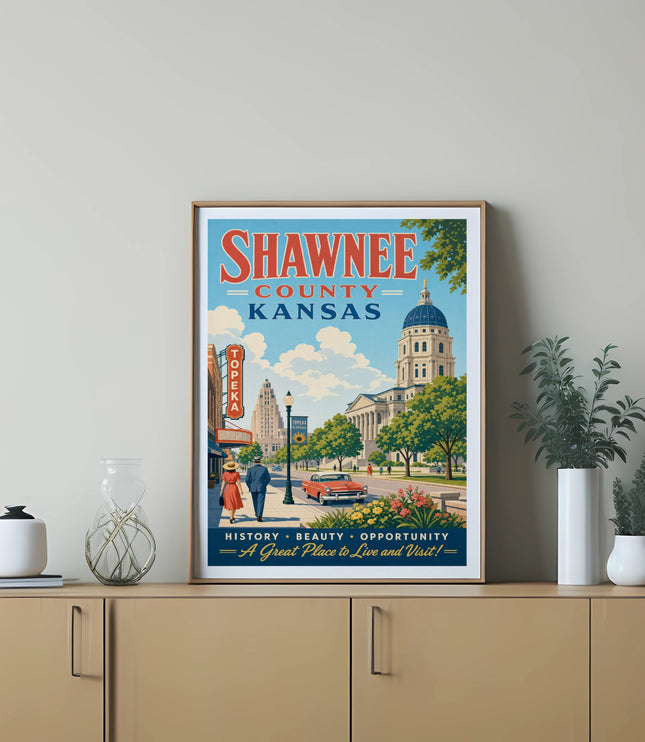 Shawnee County, Kansas vintage travel poster with Topeka landmarks, stating "A Great Place to Live and Visit!".