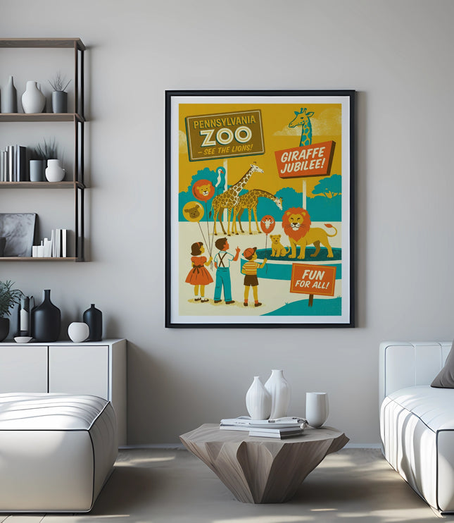Zoo animals and children on a colorful Pennsylvania Zoo poster.