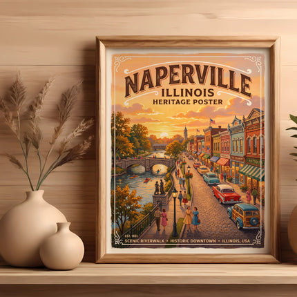 Naperville Illinois Heritage Poster featuring downtown riverfront scene and vintage cars.