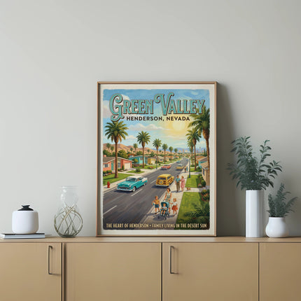 Retro poster of Green Valley, Henderson, Nevada with palm trees and retro cars.