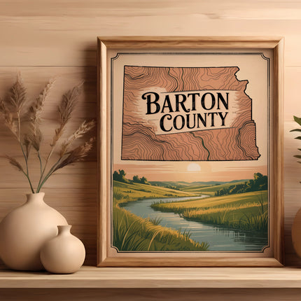 Framed map of Barton County, Kansas, with a river scene below.