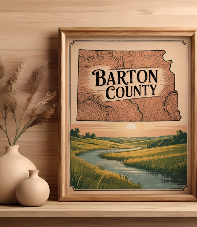 Framed map of Barton County, Kansas, with a river scene below.