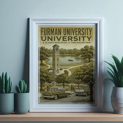 Furman University poster with a classic scene and bell tower.