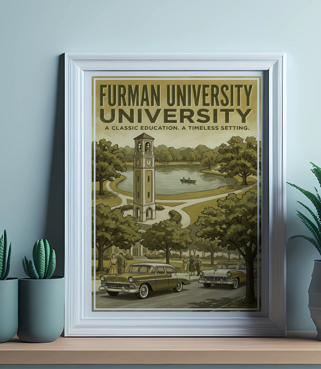 Furman University poster with a classic scene and bell tower.