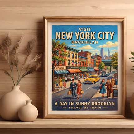Vintage travel poster for Brooklyn, New York City, showing people and shops.