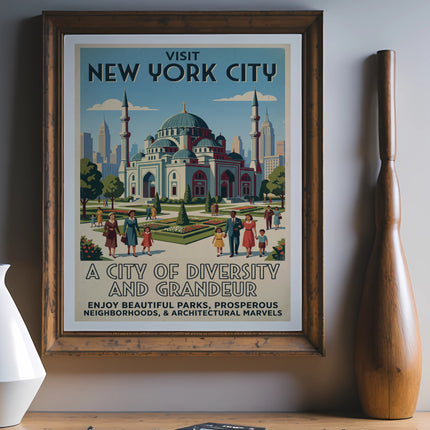 Vintage New York City travel poster featuring a mosque and city skyline.