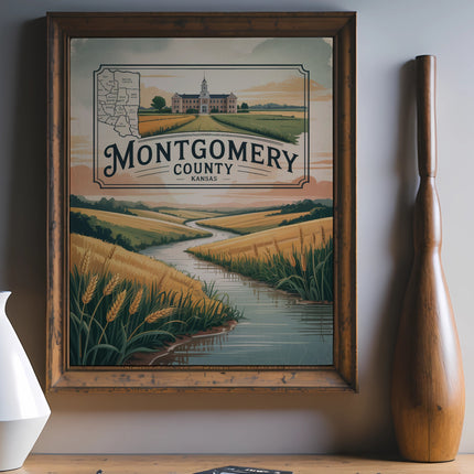 Montgomery County, Kansas landscape artwork featuring fields and a winding river.