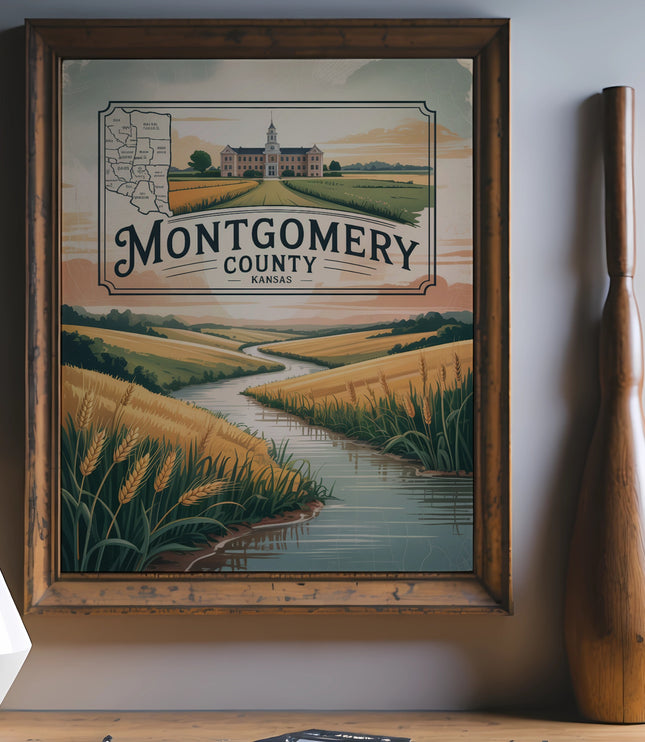 Montgomery County, Kansas landscape artwork featuring fields and a winding river.
