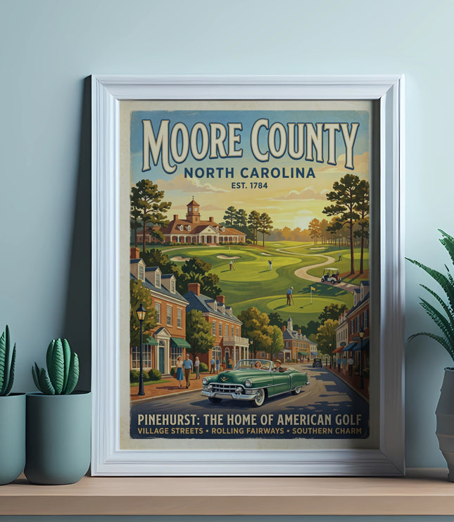 Moore County North Carolina poster with golf course, vintage car, and text.