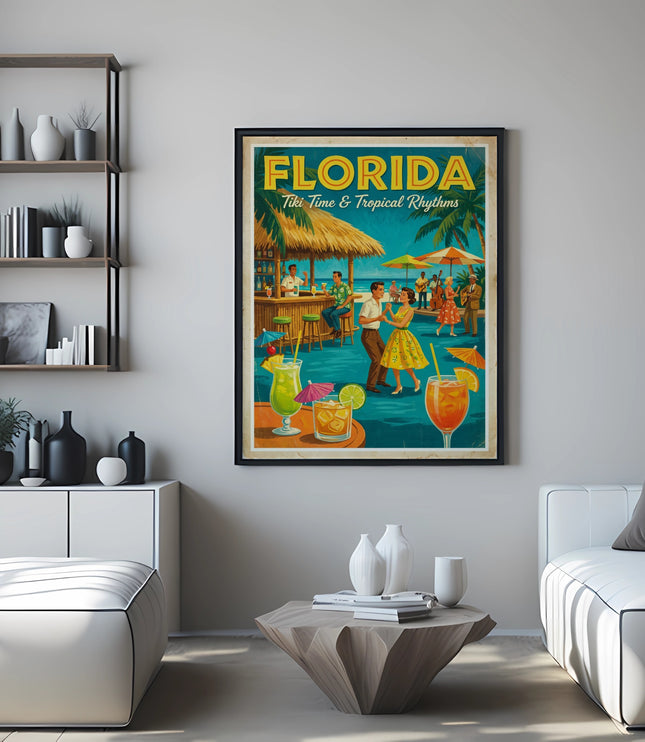 Florida Tiki Time & Tropical Rhythms vintage travel poster hanging above a sofa.