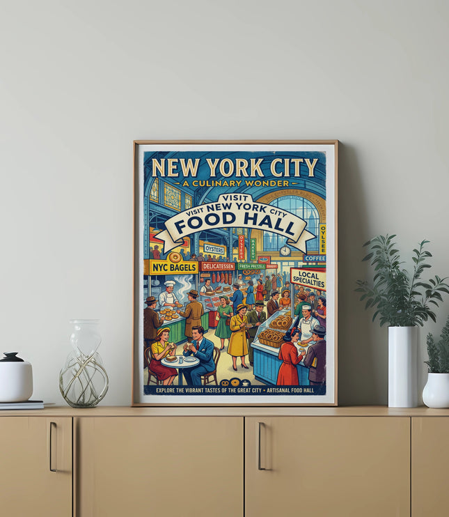 Poster for New York City Food Hall with vintage illustration of bustling marketplace and food vendors.