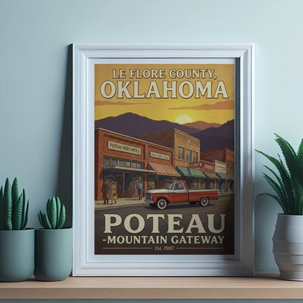 Vintage Le Flore County, Oklahoma poster featuring Poteau Mountain Gateway.