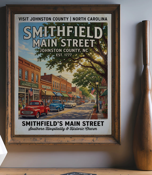 Smithfield Main Street vintage poster featuring buildings, cars, and text "Visit Johnston County North Carolina".