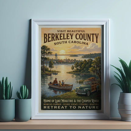 Berkeley County, South Carolina vintage travel poster of lake with people fishing and car.