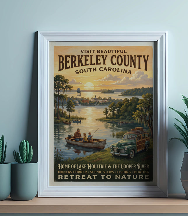 Berkeley County, South Carolina vintage travel poster of lake with people fishing and car.