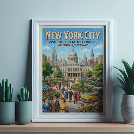 New York City poster with "Visit the Great Metropolis" text, framed and displayed.