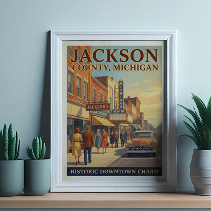 Poster of Jackson County, Michigan, depicting a vintage street scene with people and an orange car.
