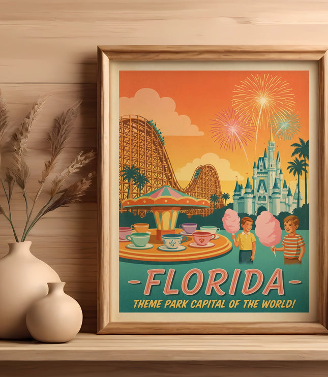 Vintage Florida theme park poster with roller coaster, castle, fireworks, and children.