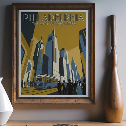 Art deco poster of Philadelphia skyline with a trolley and people.