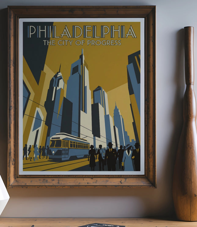Art deco poster of Philadelphia skyline with a trolley and people.