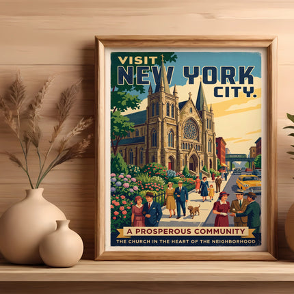 Vintage New York City travel poster featuring a church, people, and "A Prosperous Community".