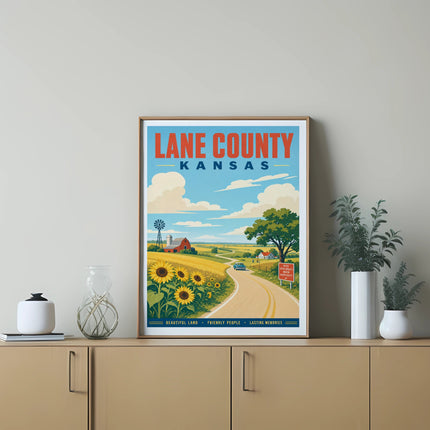 Lane County Kansas poster with sunflowers, barn, and rolling hills.