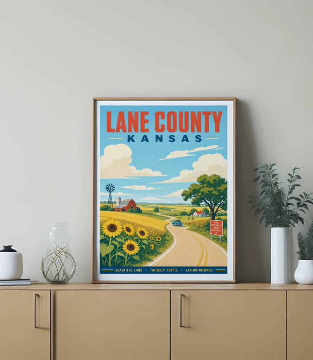 Lane County Kansas poster with sunflowers, barn, and rolling hills.