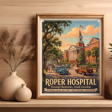 Roper Hospital vintage art with trucks and people on a street.