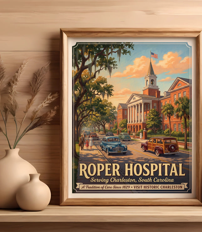 Roper Hospital vintage art with trucks and people on a street.