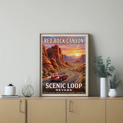 Red Rock Canyon Scenic Loop, Nevada vintage travel poster with red car.