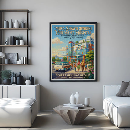 Poster of MUSC Shawn Jenkins Children's Hospital with family walking, a vintage car, and Charleston skyline.