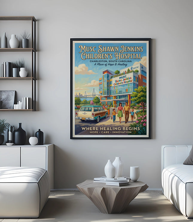 Poster of MUSC Shawn Jenkins Children's Hospital with family walking, a vintage car, and Charleston skyline.